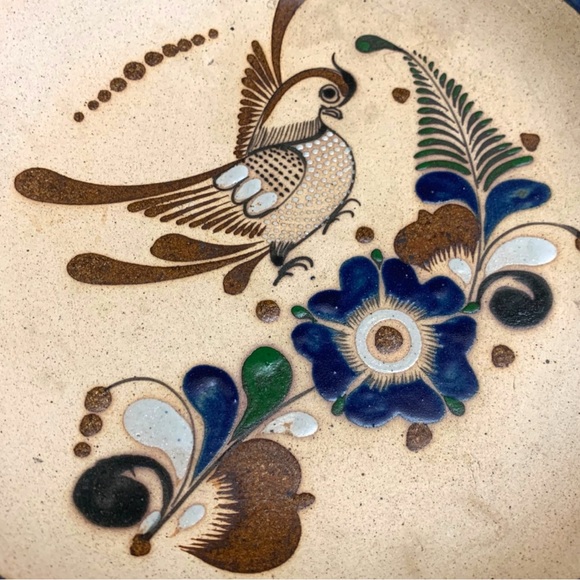VTG Tonala Mexico Folk Art Bird Flowers Pottery Decor Wall Plate Hexagon Raised - Picture 3 of 6